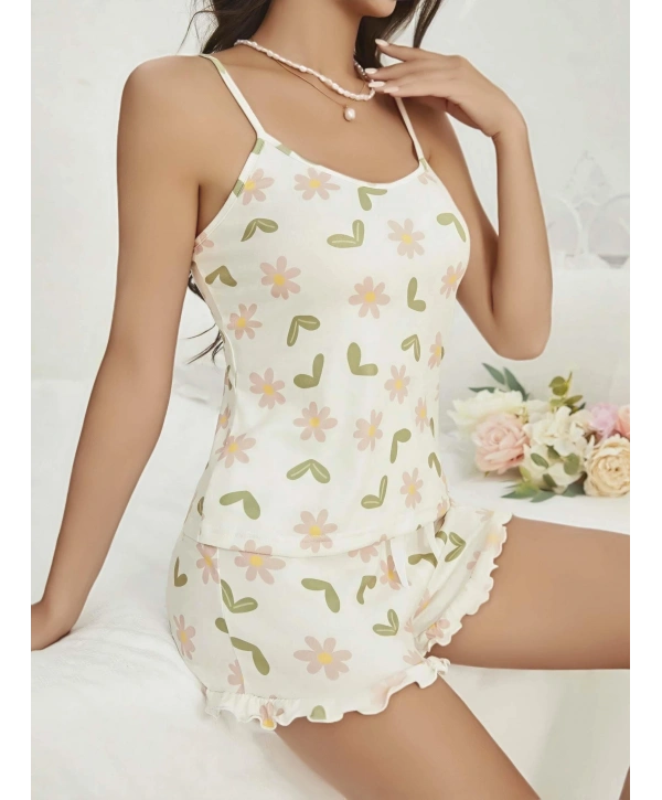 Kadın Ekru Çiçek Baskılı Şortlu Gecelik Pijama Takımı 5047