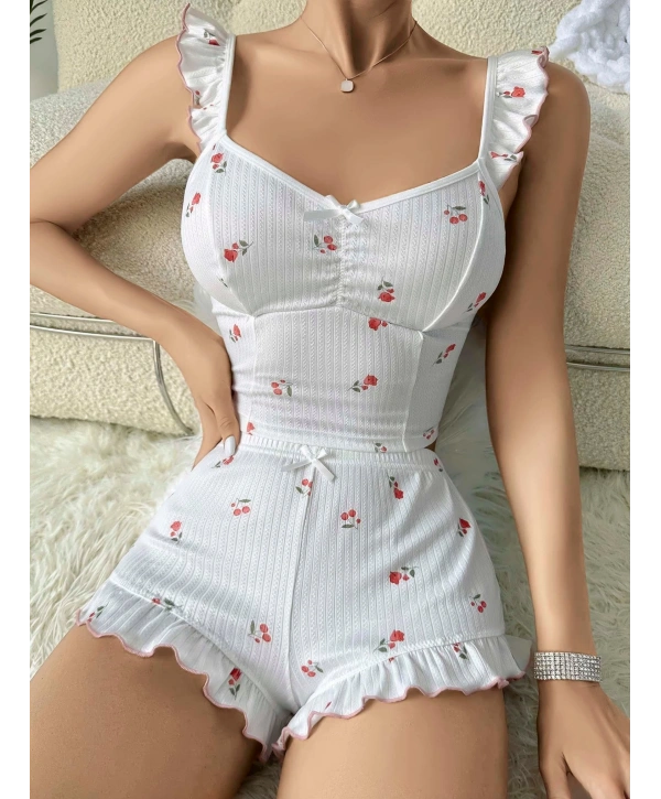 Kadın Gül ve Kiraz Desenli Şortlu Gecelik Takım 5112
