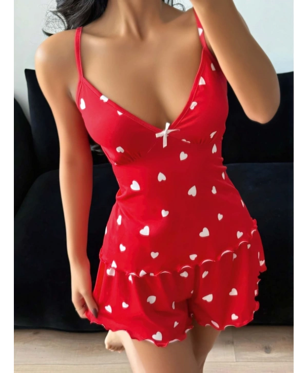 Kadın Kalp Desenli Şortlu Pijama Takım 5178
