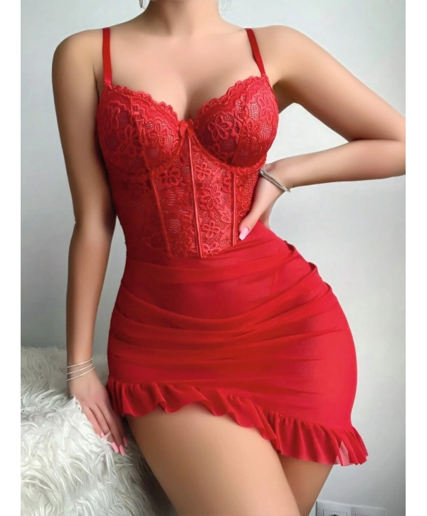 Kadın Kırmızı Asimetrik Kesim Transparan Fantezi Gecelik 2303