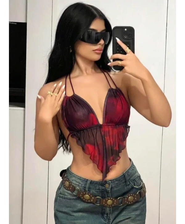 Kadın Kırmızı Siyah Renklerde Önden Üçgen Kesim Detaylı Crop Askılı Önden Bağlama 5092