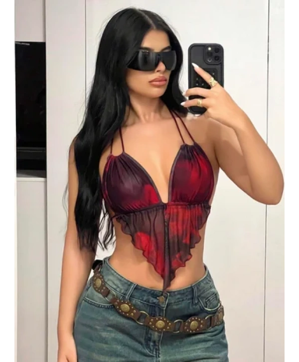 Kadın Kırmızı Siyah Renklerde Önden Üçgen Kesim Detaylı Crop Askılı Önden Bağlama 5092