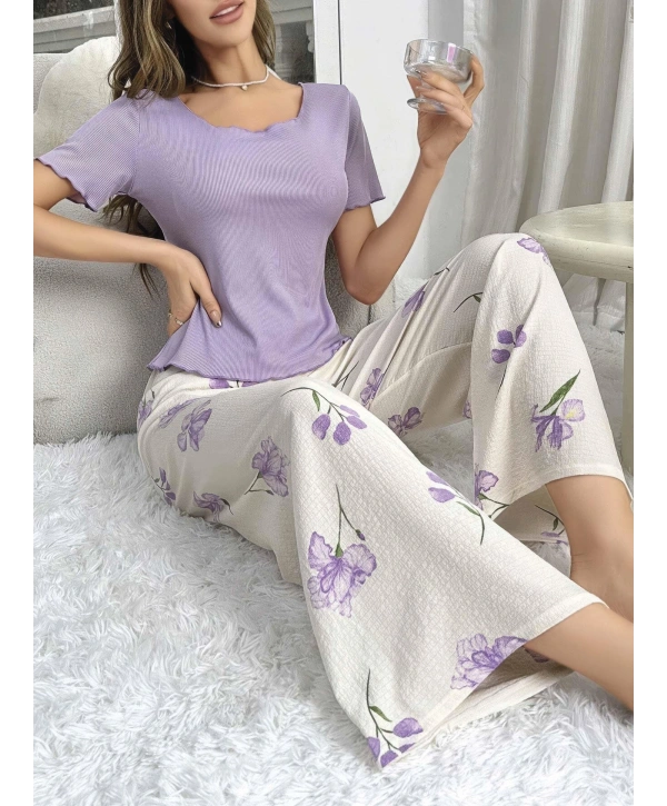 Kadın Mor Çiçek Desenli Yumuşak Pamuklu Uzun Pijama Takımı 5133