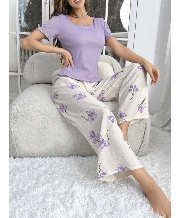 Kadın Mor Çiçek Desenli Yumuşak Pamuklu Uzun Pijama Takımı 5133