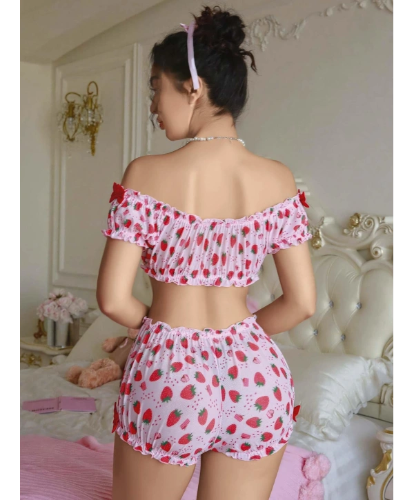 Kadın Pembe Çilek Desenli Fantezi Şort takım 2156