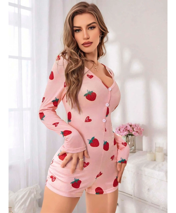 Kadın Pembe Çilek Desenli Pijama Tulumu 5125