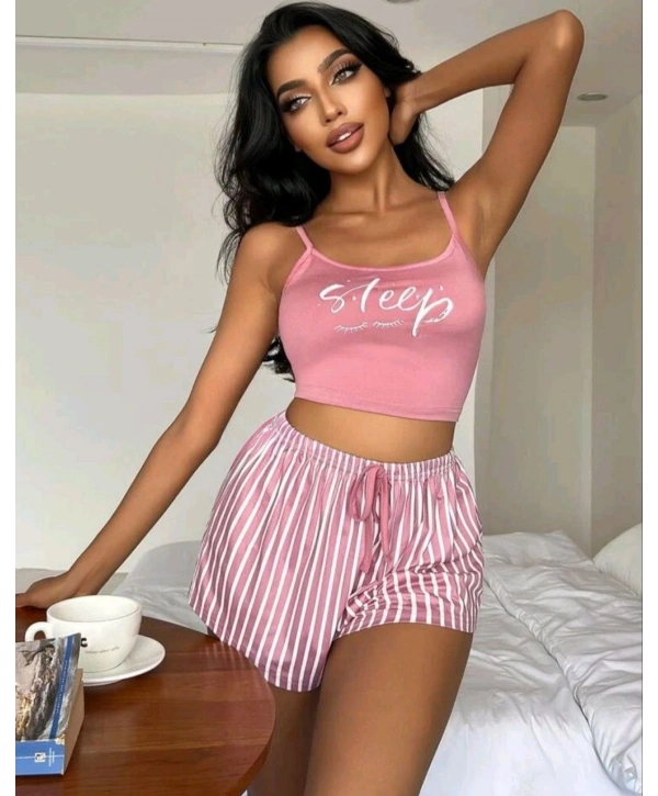 Kadın pembe çizgili desen Askılı Şortlu Pijama Takım 5002