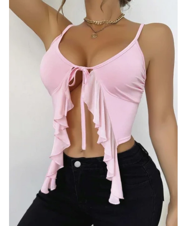 Kadın Pembe Crop Askılı Önden Bağlama Fırfır detaylı 5090