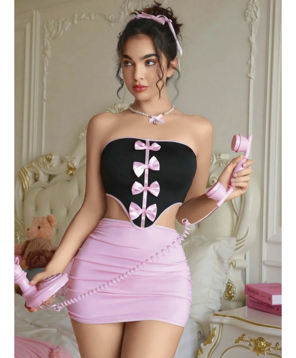Kadın Pembe Etekli Fiyonk Detaylı Fantezi Elbise 2154
