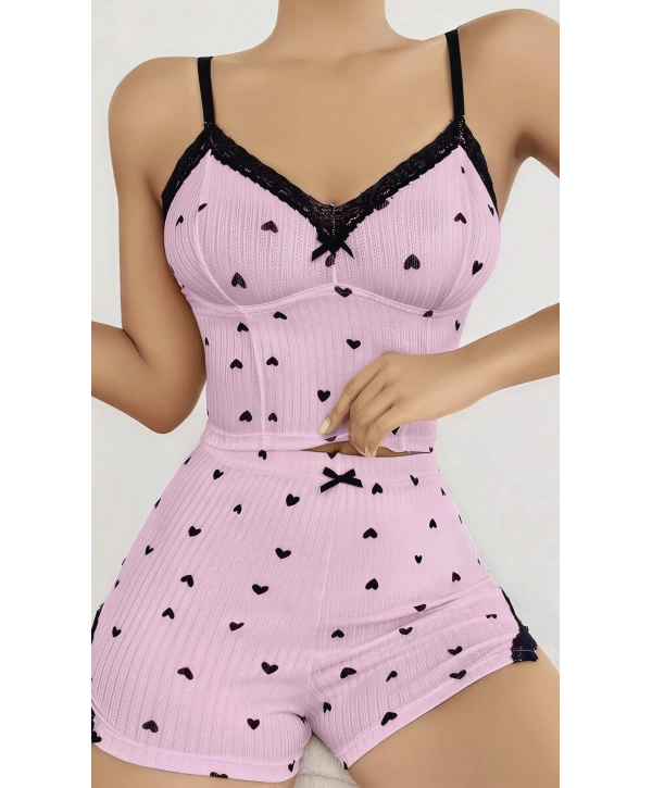 Kadın Pembe Kalp Desenli Askılı Şortlu Pijama Takım 5013