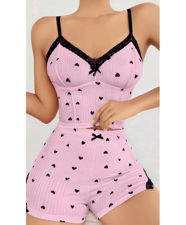 Kadın Pembe Kalp Desenli Askılı Şortlu Pijama Takım 5013