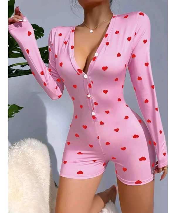 Kadın Pembe Kalp Desenli Pijama Tulumu 5121