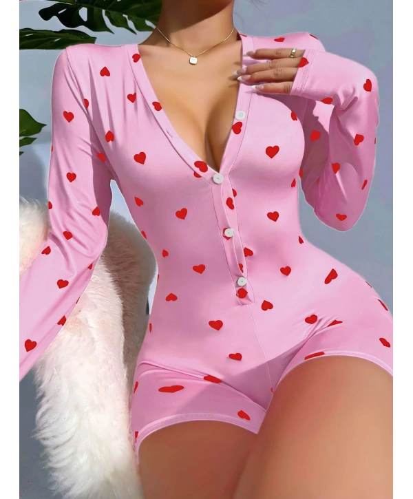 Kadın Pembe Kalp Desenli Pijama Tulumu 5121