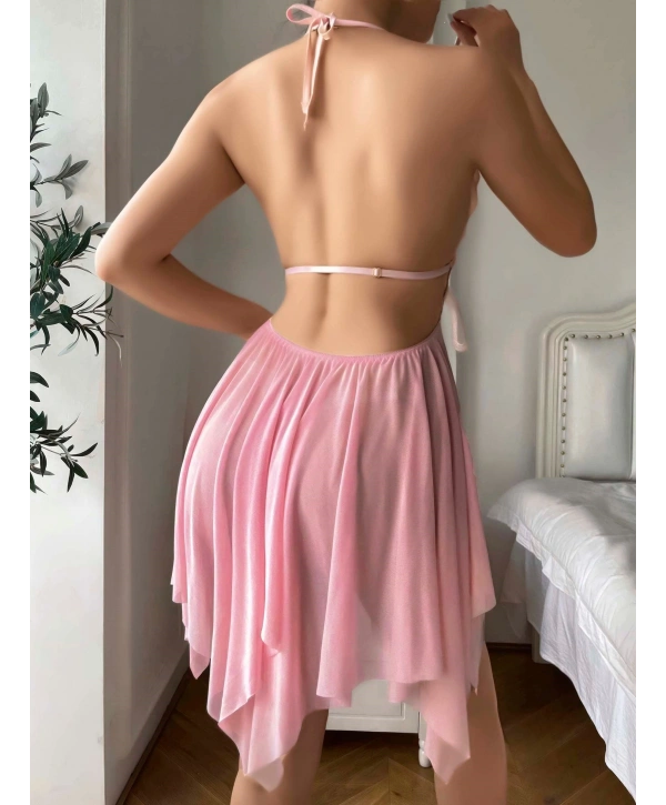 Kadın Pembe Kelebek Detaylı Tül Fantezi Gecelik 2296