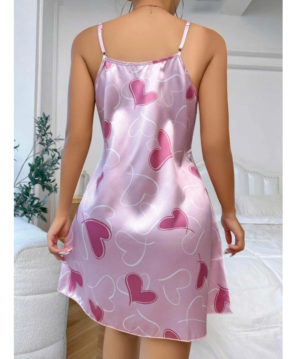 Kadın Pembe Saten Askılı fuşya kalp Desen baskılı Gecelik 2217