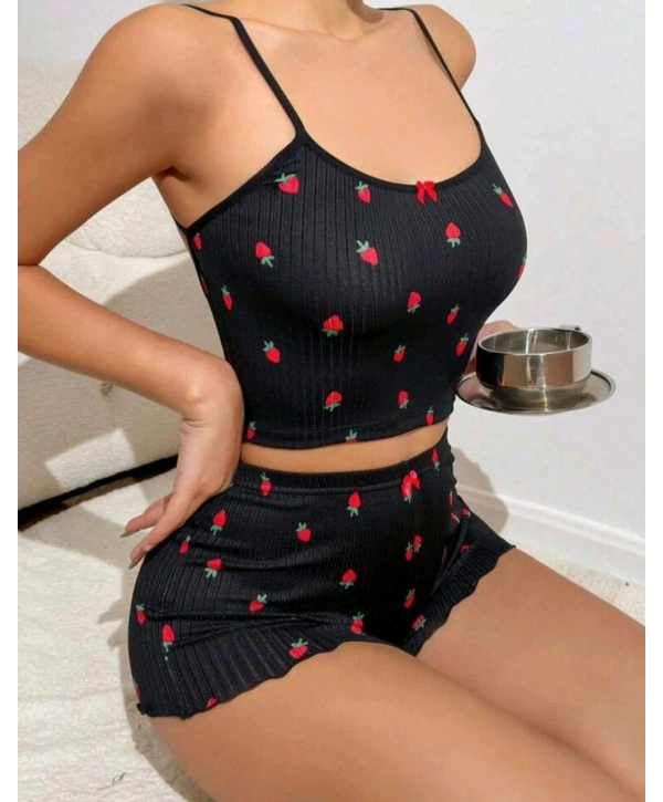 Kadın Siyah Çilek Desenli Seksi Gecelik Takım 5020