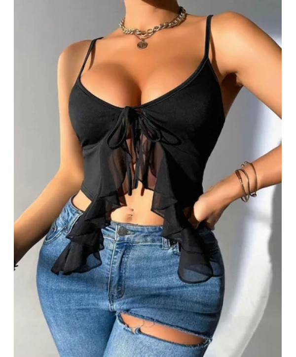 Kadın Siyah Crop Askılı Önden Bağlama Fırfır detaylı 5089