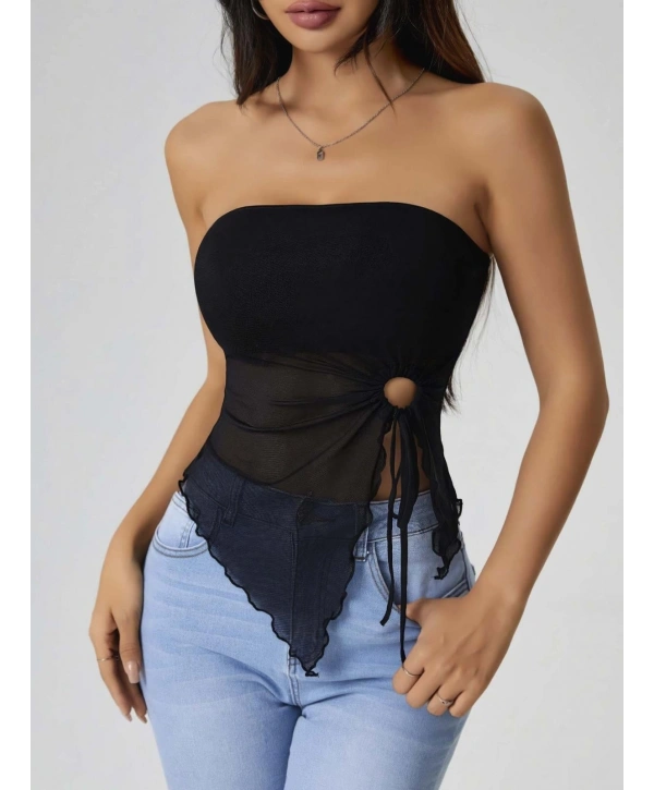 Kadın Siyah Crop Önden Halka Büzgü detaylı 5094