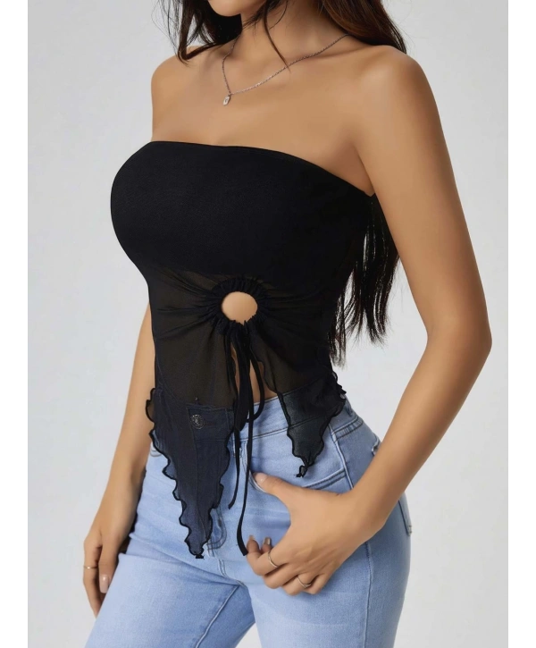 Kadın Siyah Crop Önden Halka Büzgü detaylı 5094