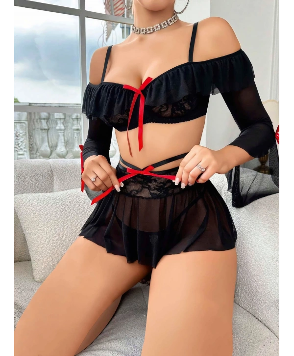Kadın Siyah Etek Bustiyer Sexy Gecelik Takım 2157