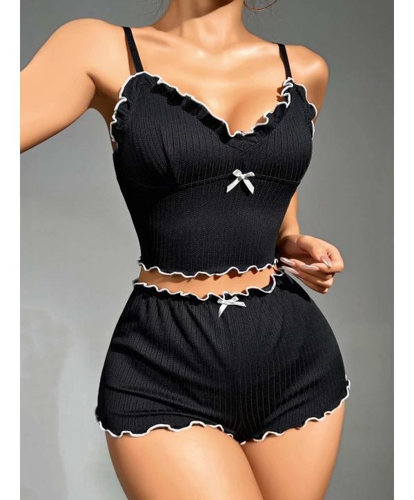 Kadın Siyah Fitilli Askılı Şortlu Pijama Takım 5042
