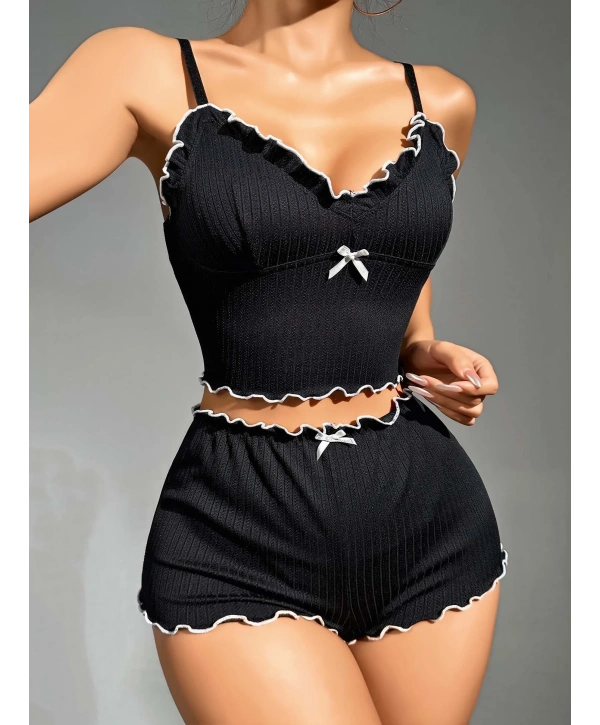 Kadın Siyah Fitilli Askılı Şortlu Pijama Takım 5042