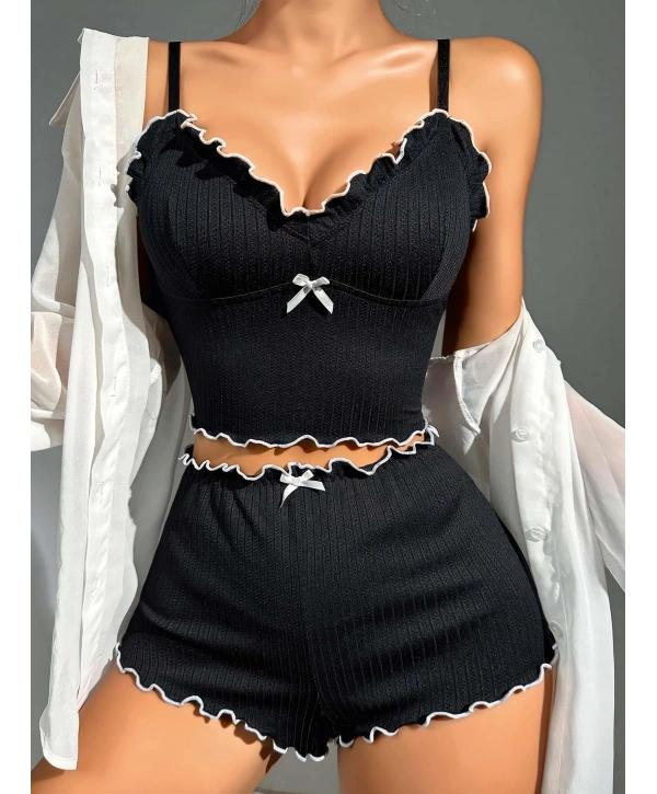 Kadın Siyah Fitilli Askılı Şortlu Pijama Takım 5042