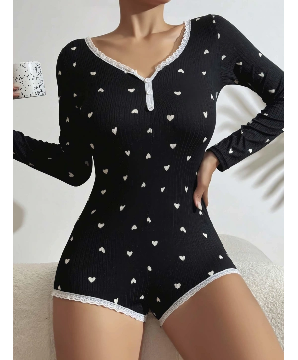Kadın Siyah Kalp Desenli Pijama Tulumu 5122