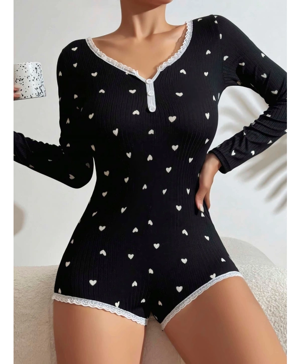 Kadın Siyah Kalp Desenli Pijama Tulumu 5122