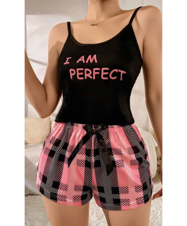 Kadın Siyah Kare Desenli Askılı Şortlu Pijama Takım 5012