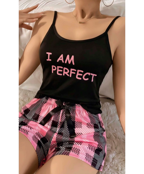Kadın Siyah Kare Desenli Askılı Şortlu Pijama Takım 5012