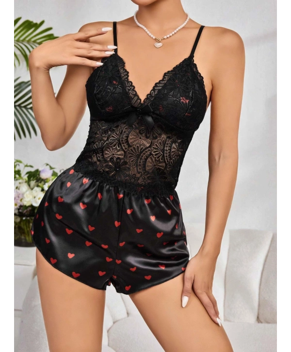 Kadın Siyah Kırmızı Kalp Desenli Saten Şort Pijama Takımı 2232
