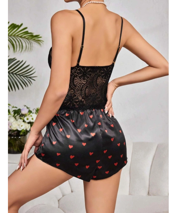 Kadın Siyah Kırmızı Kalp Desenli Saten Şort Pijama Takımı 2232
