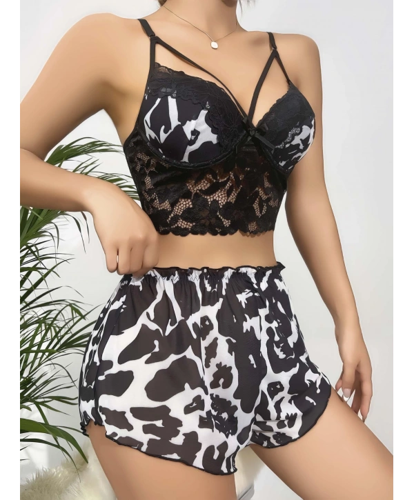 Kadın Siyah Leopar desenli Dantel detaylı Şortlu Gecelik Pijama Takımı 5055
