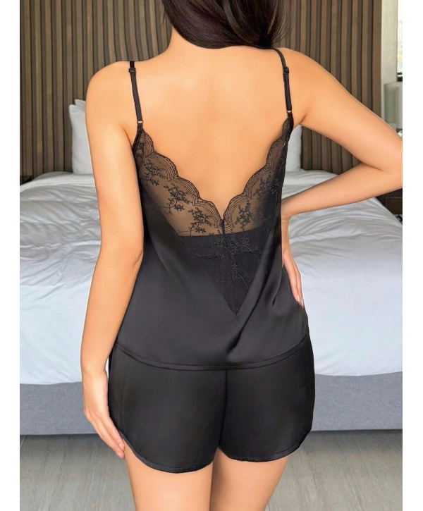 Kadın Siyah  Şort Askılı Dantel Üst Pijama Takımı 2233