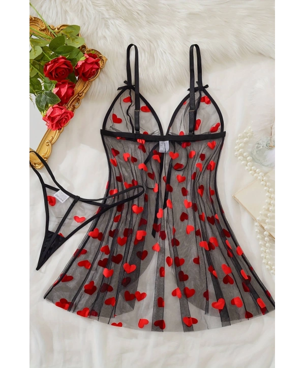 Morliva  Kalp Desenli Siyah Transparan Gecelik TM1378