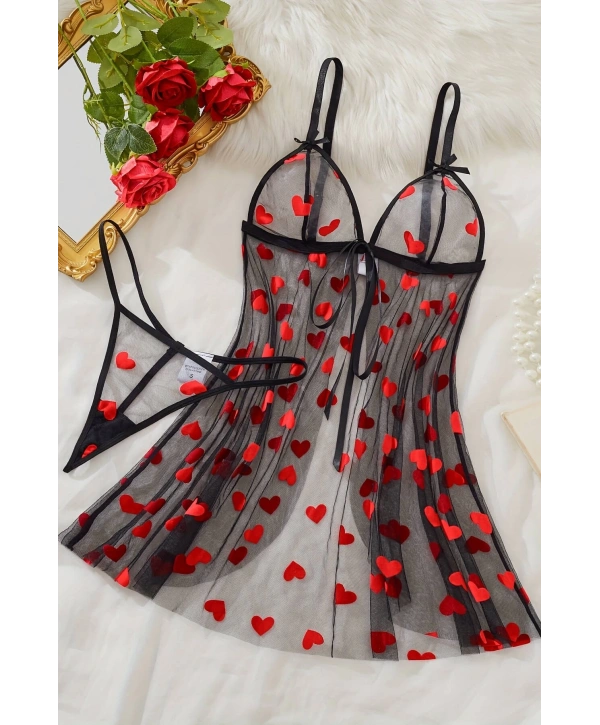 Morliva  Kalp Desenli Siyah Transparan Gecelik TM1378