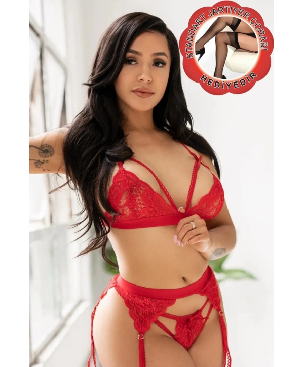 Kırmızı Dantelli Jartiyer Takımı TM1240