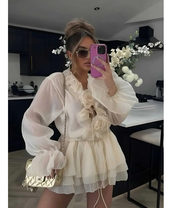 Lia Şifon Gül Detay Elbise Ekru