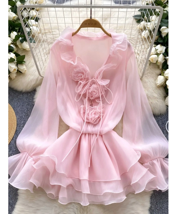 Lia Şifon Gül Detay Elbise Pembe
