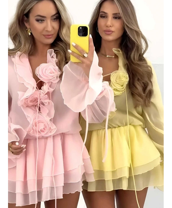 Lia Şifon Gül Detay Elbise Pembe