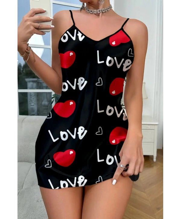Love Desenli Siyah Saten Gecelik