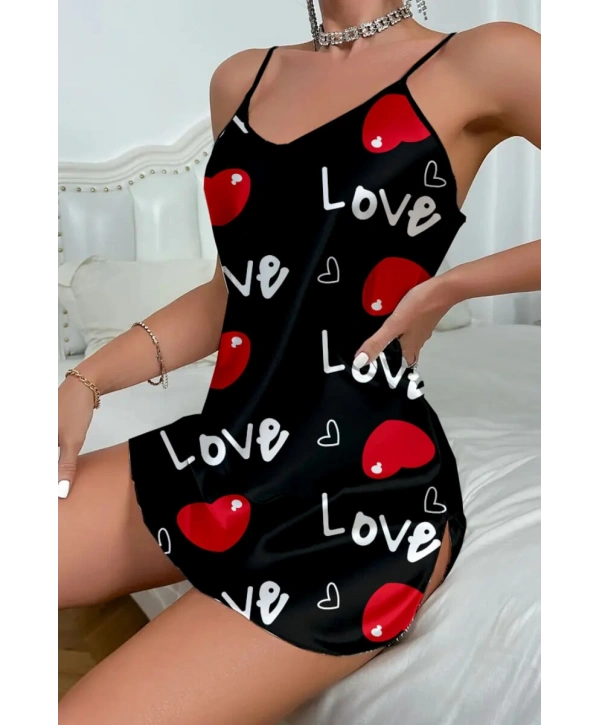 Love Desenli Siyah Saten Gecelik