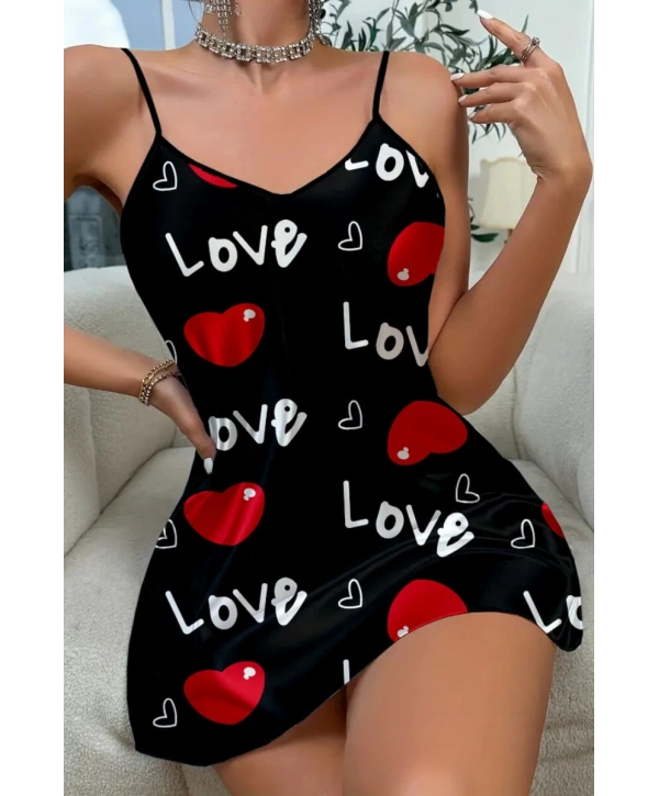 Love Desenli Siyah Saten Gecelik