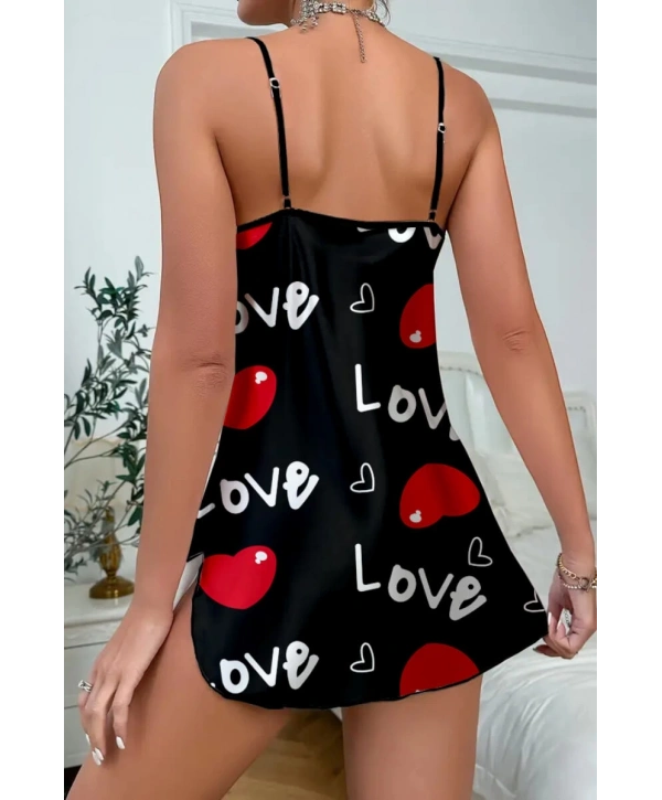 Love Desenli Siyah Saten Gecelik