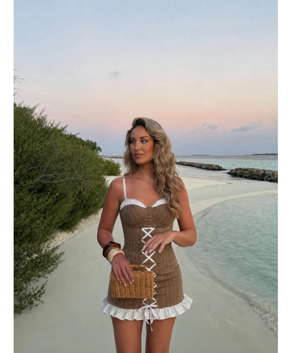 MANİYA ÇİZGİLİ ELBİSE KAHVERENGİ