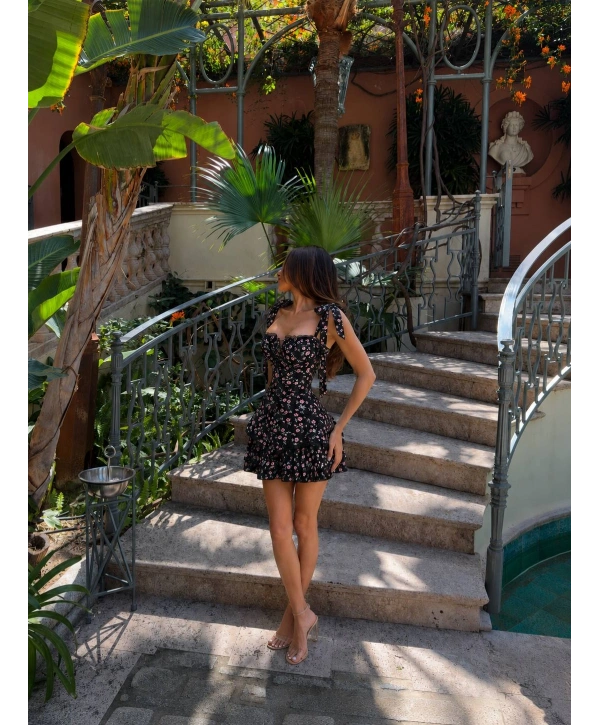 MARİSA CORSET BASKILI ELBİSE SİYAH