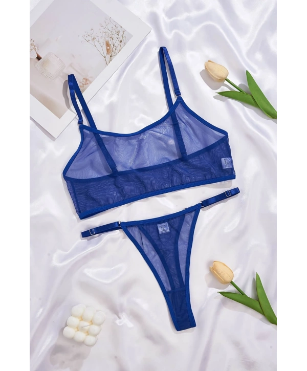 Mavi Transparan Tül Bralet Tanga İç Giyim Takımı TM1389