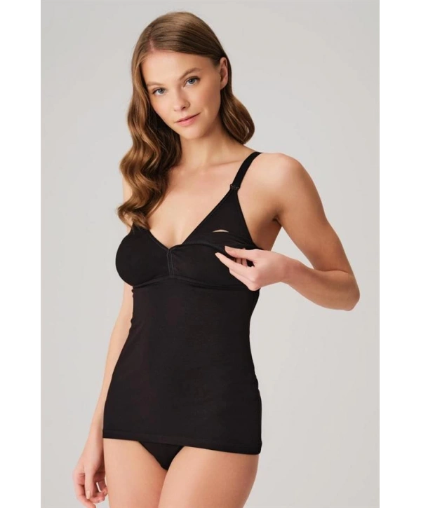 Modal Pamuklu Lohusa Önden Açılan Siyah Emzirme Atleti