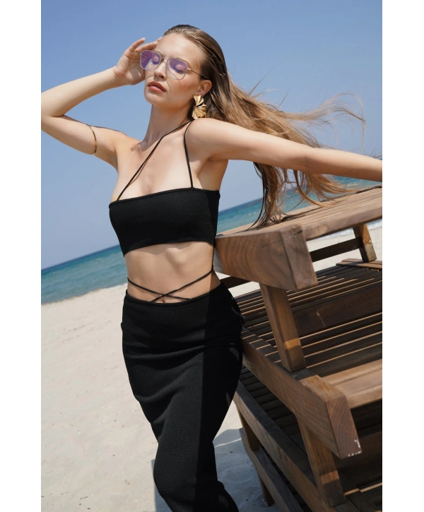 Morliva Askı Detay Straplez Dokulu Crop